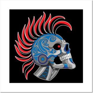 Tattooed Robot Skull with Red Mohawk Posters and Art